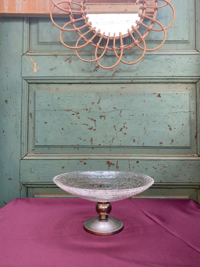 Vintage Serveerschaal Van Craquelé Glas Met Verzilverde Voet